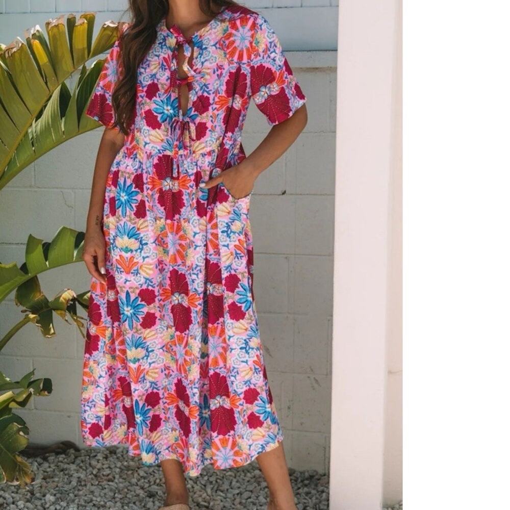 Olivaceous Floral Tie Front Midi Summer Dress Small
